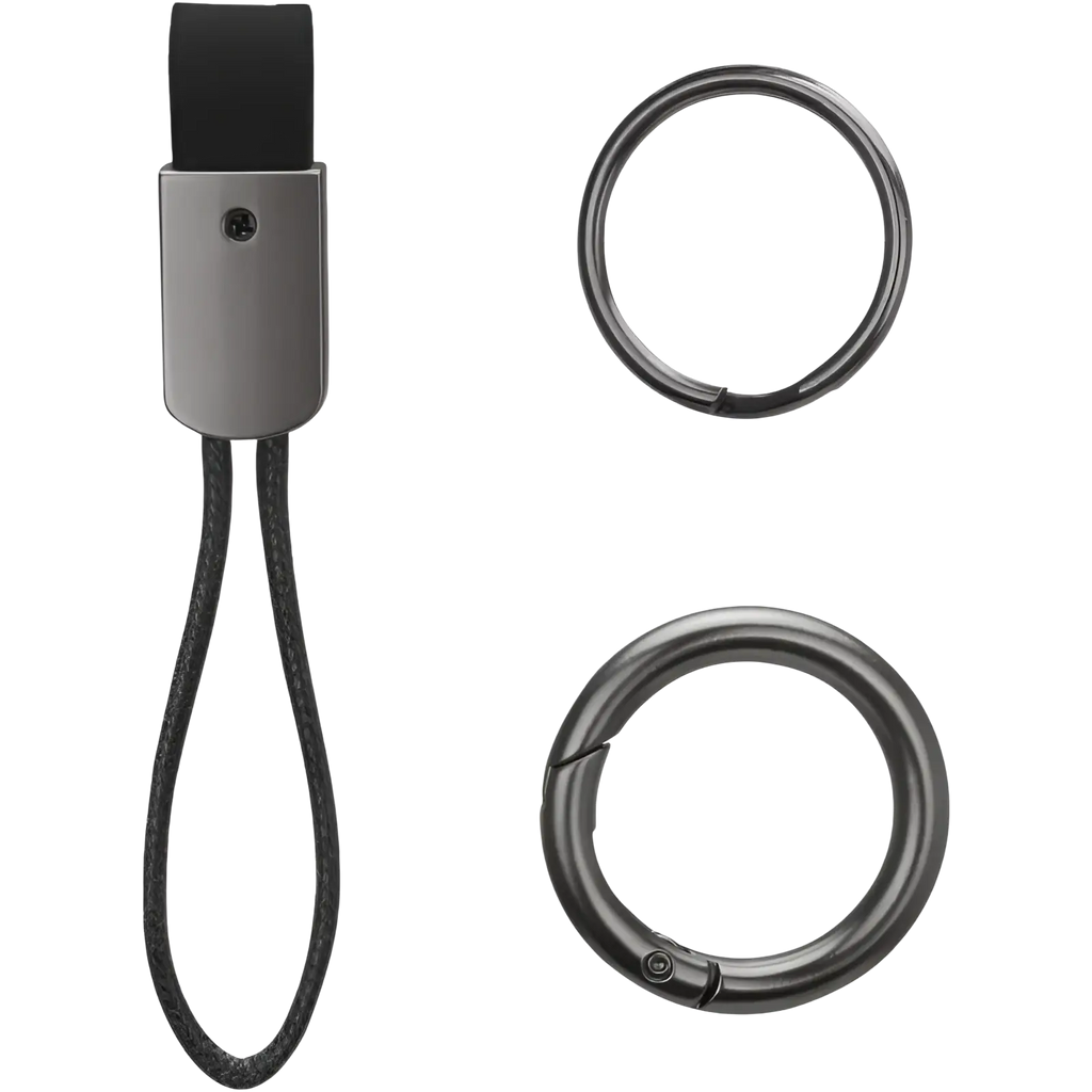 Black braided leather car keychain with matte gray metal clasp and two black carabiner rings 16mm and 35mm diameter