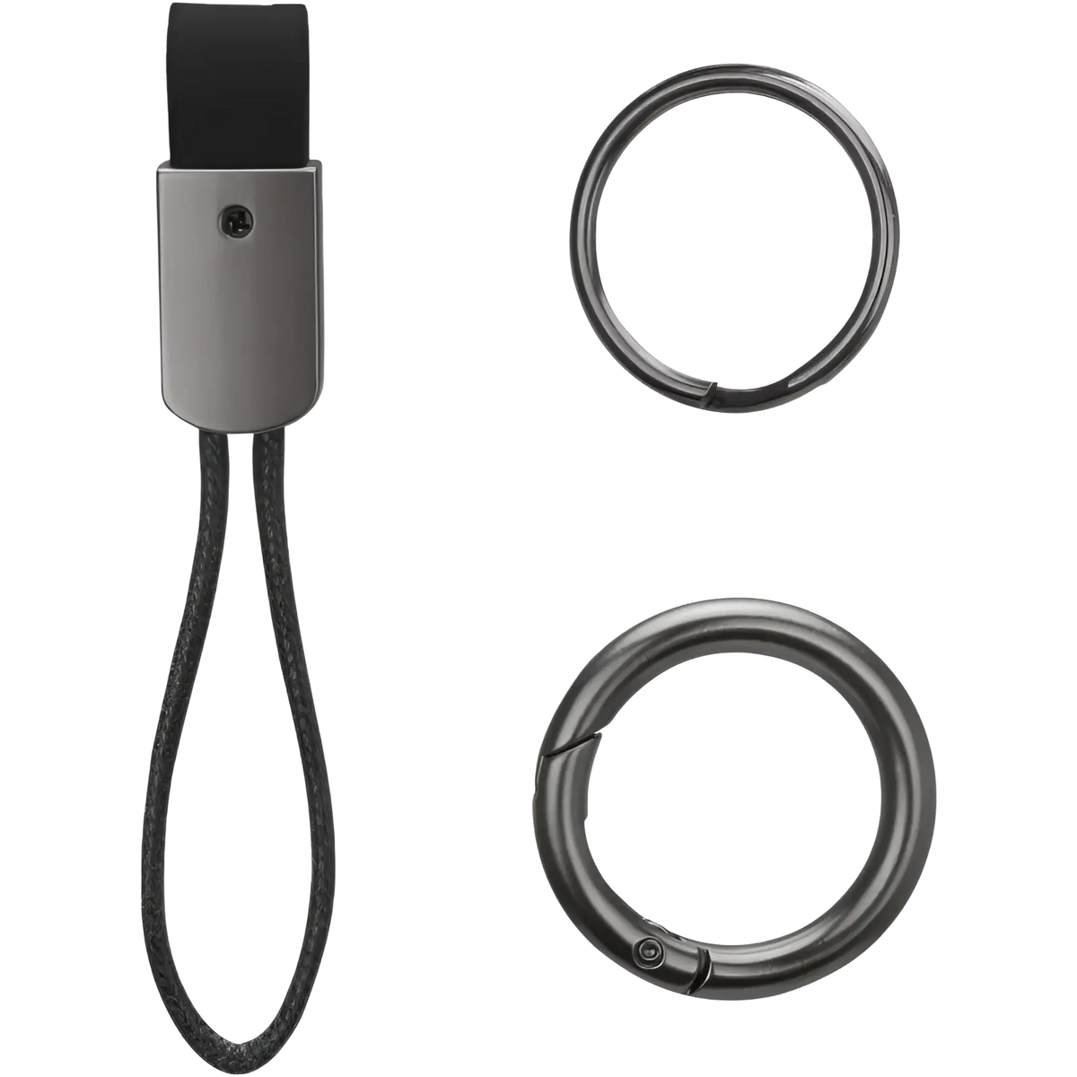 Black braided leather car keychain with matte gray metal clasp and two black carabiner rings 16mm and 35mm diameter