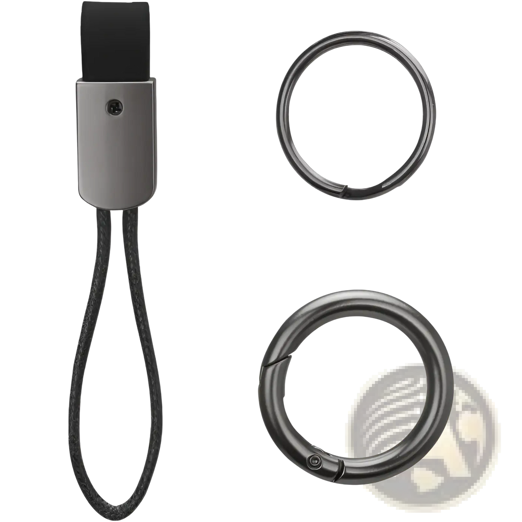 Black braided leather car keychain with matte gray metal clasp and two black carabiner rings 16mm and 35mm diameter