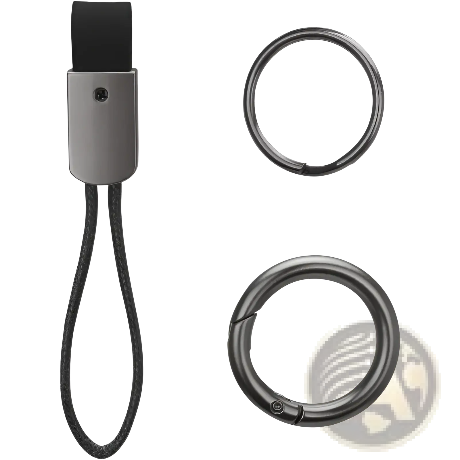 Black braided leather car keychain with matte gray metal clasp and two black carabiner rings 16mm and 35mm diameter