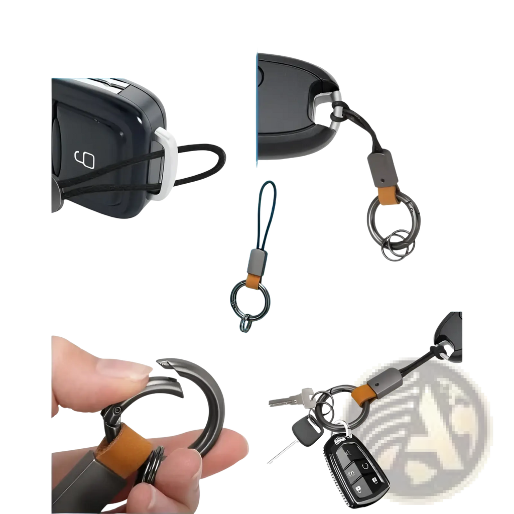 Black and tan braided leather car keychain with adjustable strap, metal ring, and carabiner clip universal key holder