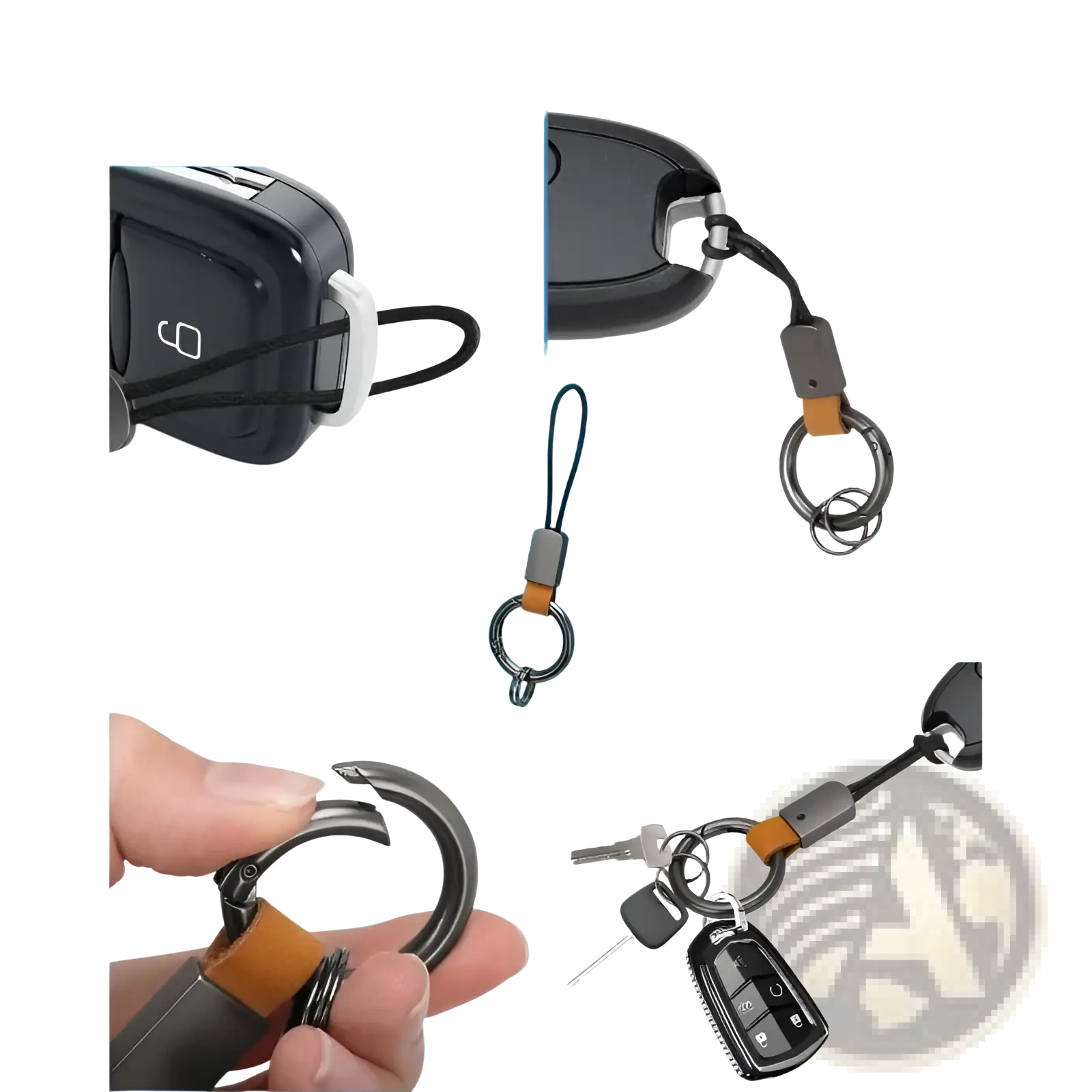 Black and tan braided leather car keychain with adjustable strap, metal ring, and carabiner clip universal key holder