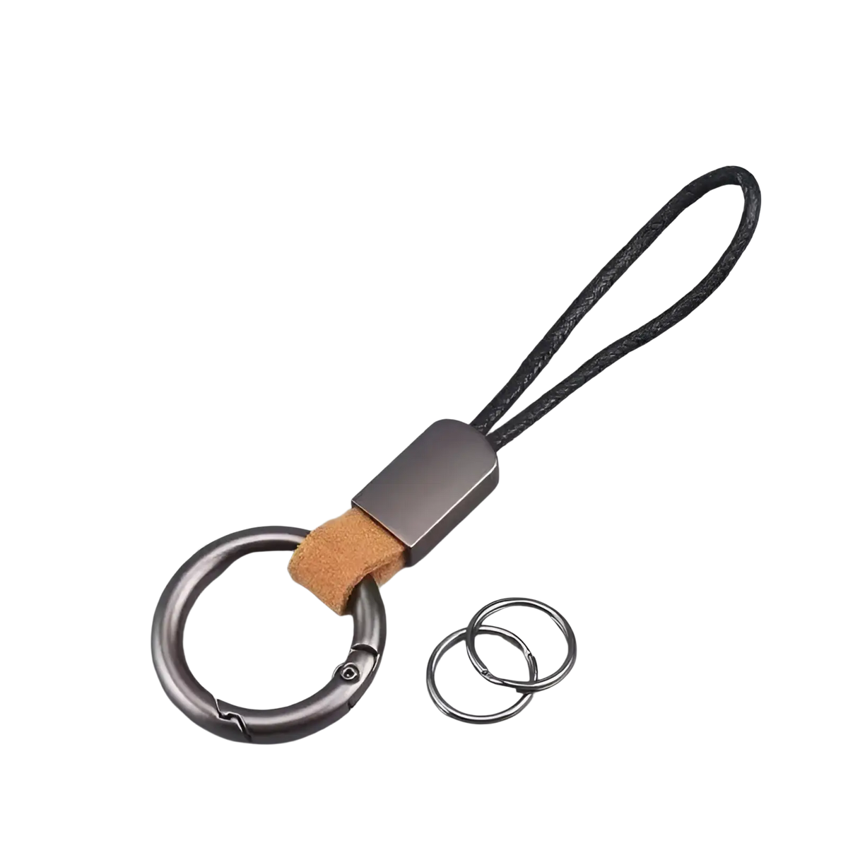 Dark gray metal braided leather car keychain with black cord and tan leather accent universal key holder