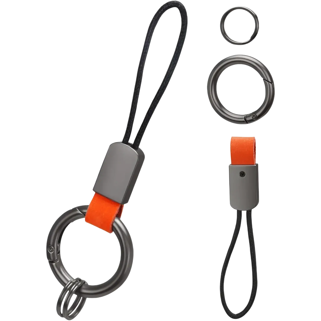 Orange and gray braided leather car keychain with black cord loop universal key holder for durable use