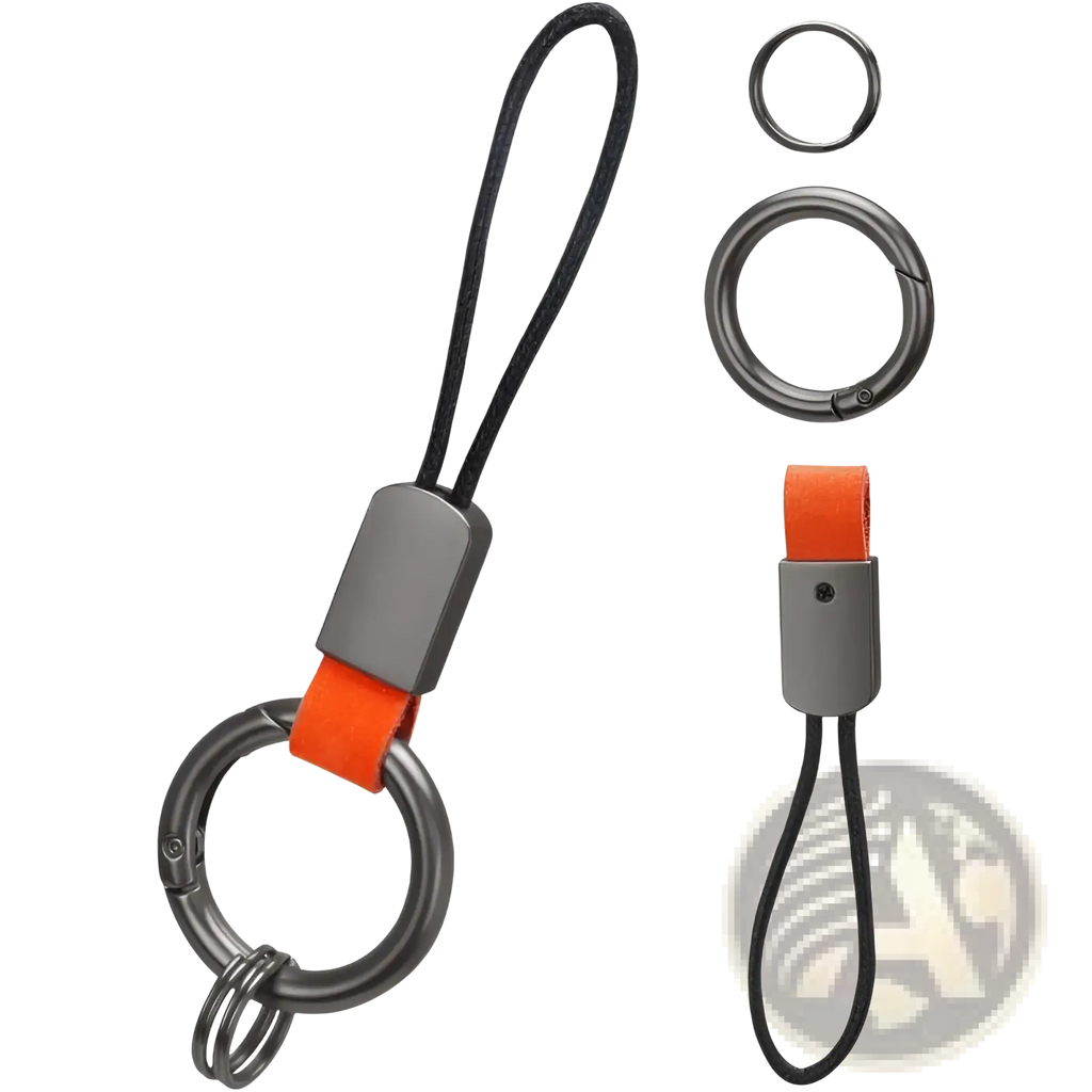 Orange and gray braided leather car keychain with black cord loop universal key holder for durable use