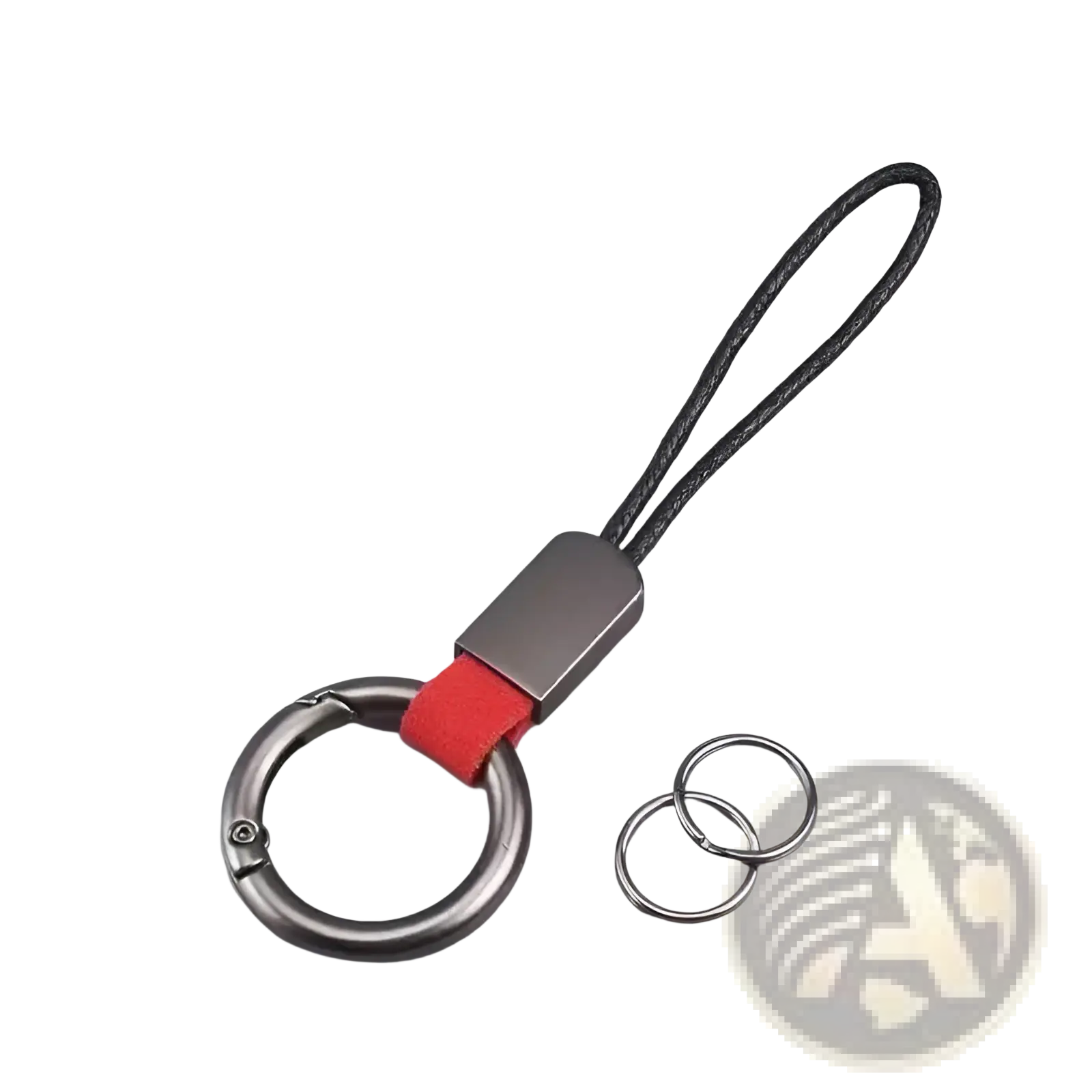 Silver-toned braided leather car keychain with textured black cord, red fabric accent, and metallic carabiner clip