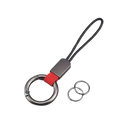 Silver-toned braided leather car keychain with textured black cord, red fabric accent, and metallic carabiner clip