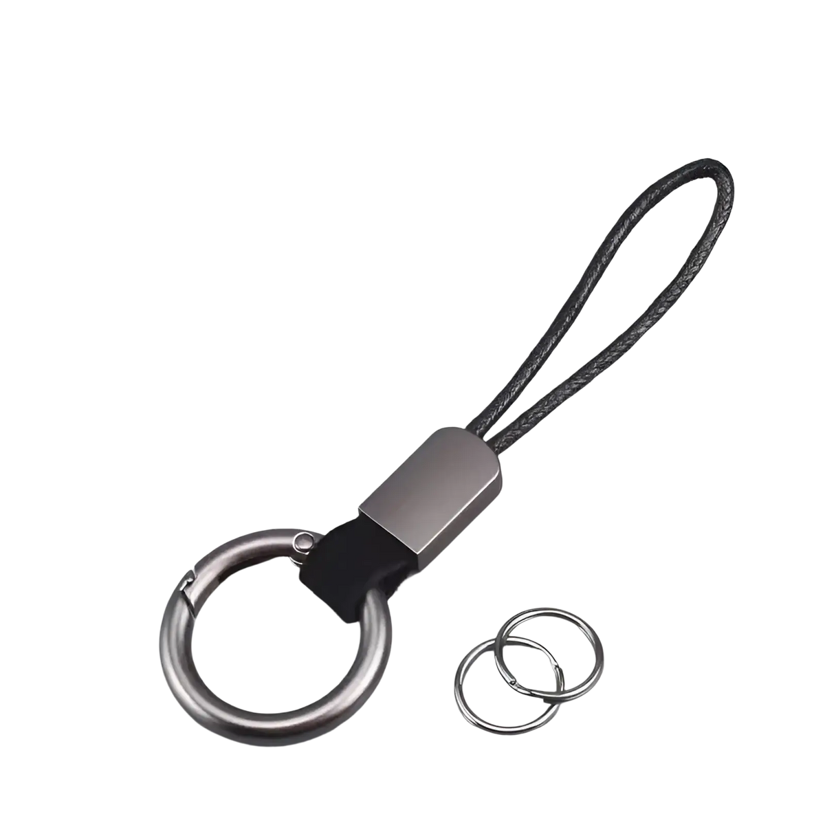 Silver-toned metal braided leather car keychain with textured black cord and rectangular metallic connector for keys