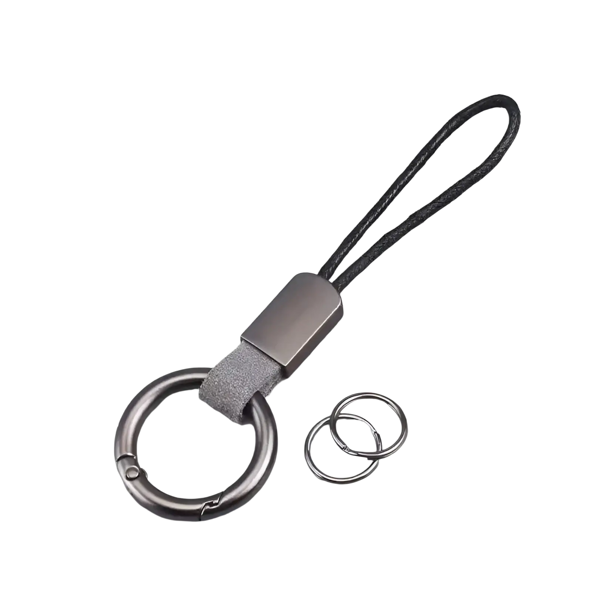 A braided leather car keychain with a sleek matte metal ring, black braided cord, and gray suede strap