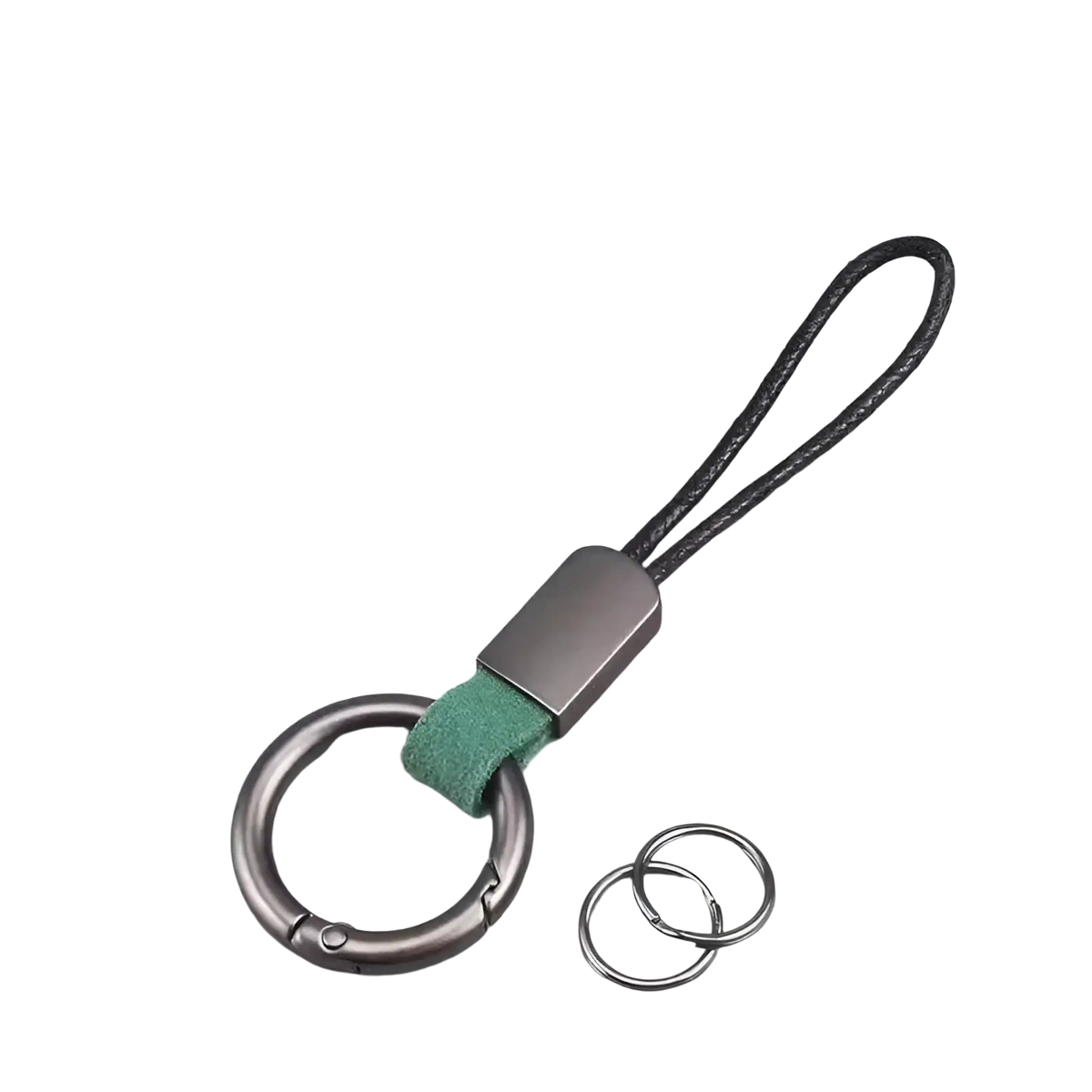 Braided leather car keychain with matte metal keyring, black braided cord, and mint green suede accent