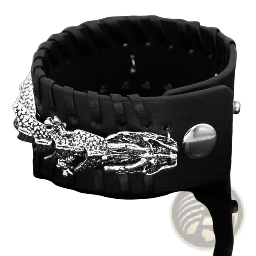 Black braided leather viking dragon head bracelet with a detailed silver dragon clasp wristband design