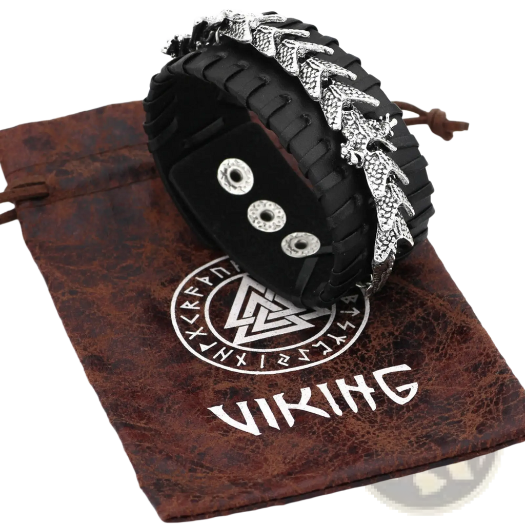 Black leather braided Viking dragon head bracelet with silver-toned metal detailing for men and women
