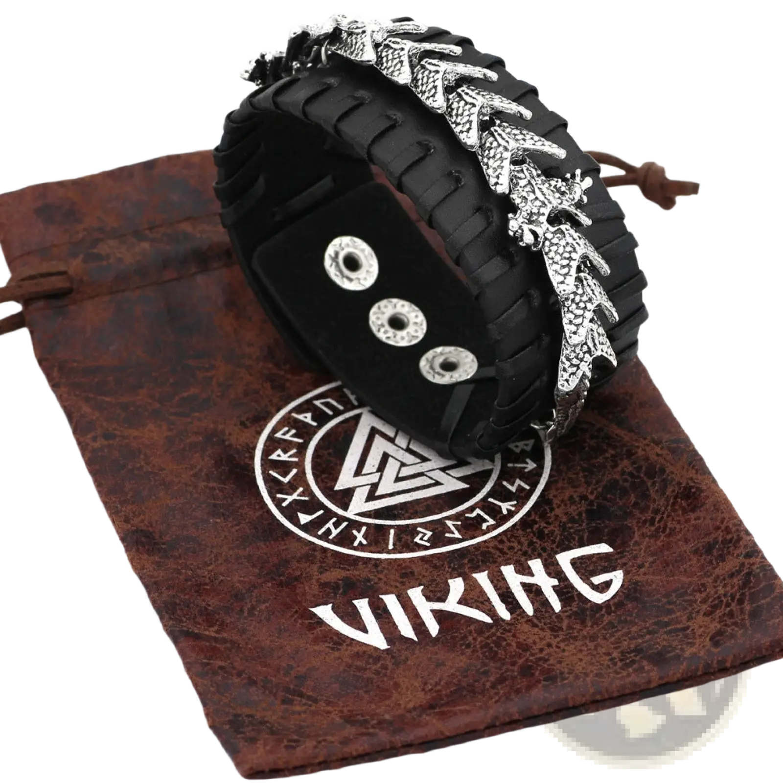 Black leather braided Viking dragon head bracelet with silver-toned metal detailing for men and women