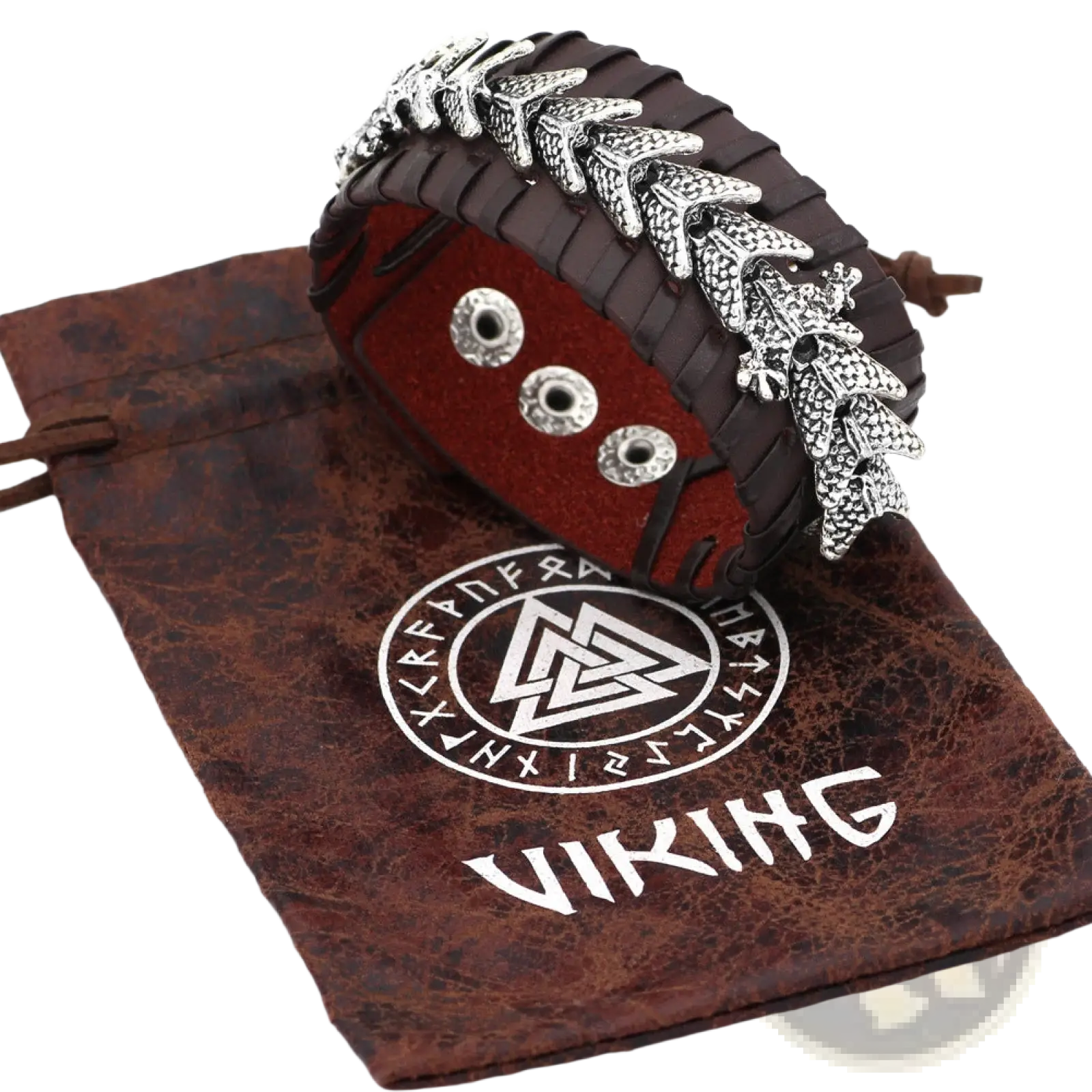 Dark brown braided leather viking dragon head bracelet with intricate silver dragon motifs and three silver rivets