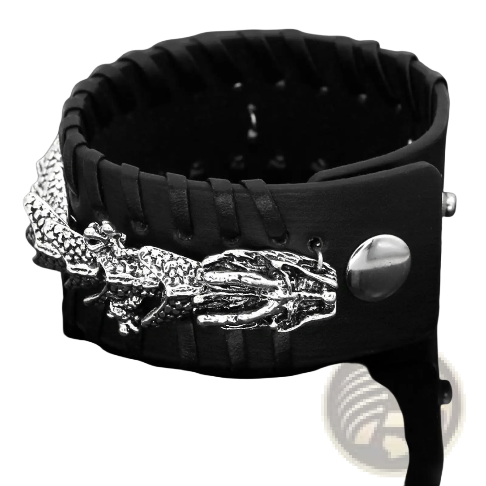Black leather braided Viking dragon head bracelet featuring a detailed silver dragon clasp