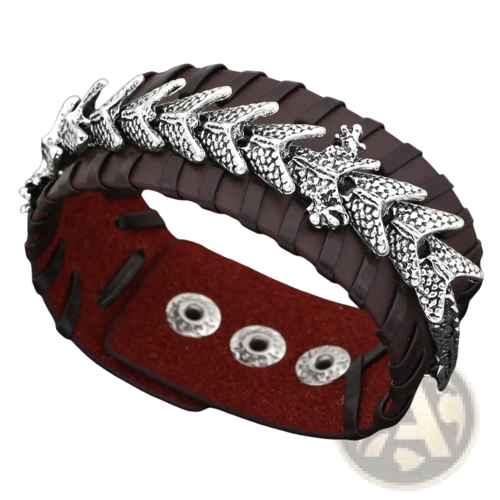 Dark brown braided leather viking dragon head bracelet with silver-toned textured dragon head charms