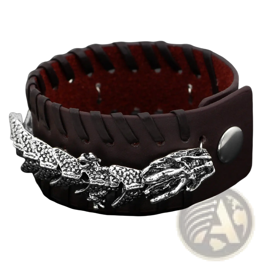 Dark brown braided leather viking bracelet with silver dragon head clasp and red interior lining