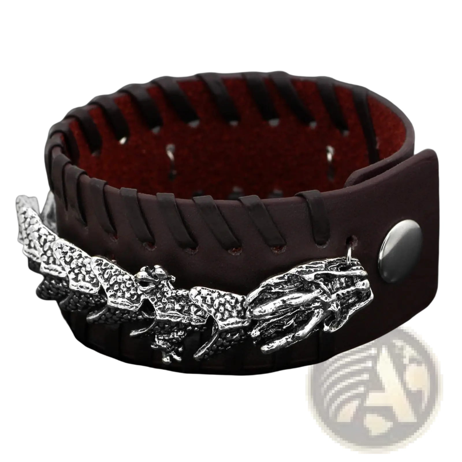 Dark brown braided leather viking bracelet with silver dragon head clasp and red interior lining