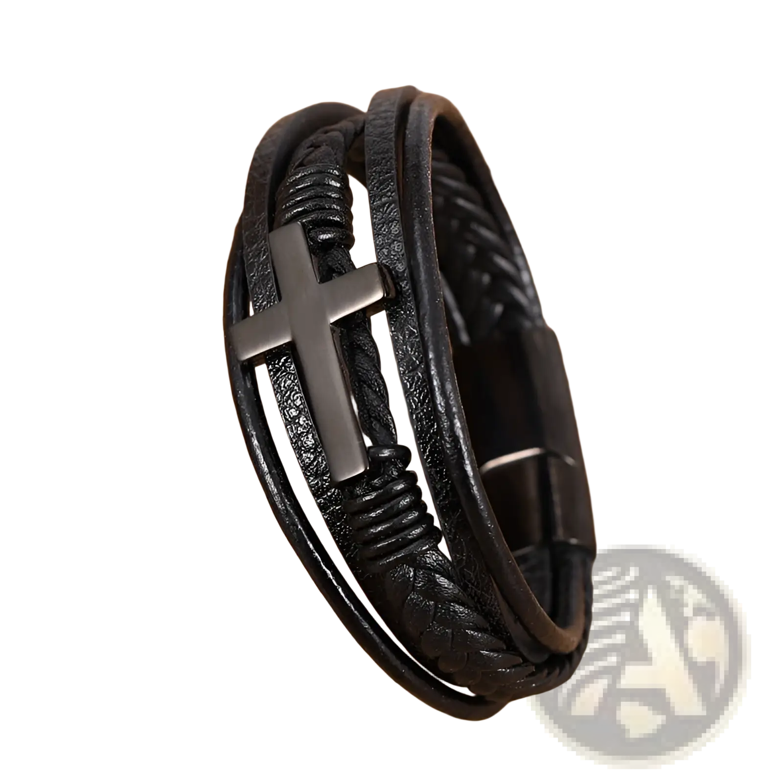 Black leather braided multi-strand bracelet with a matte black cross pendant and magnetic clasp
