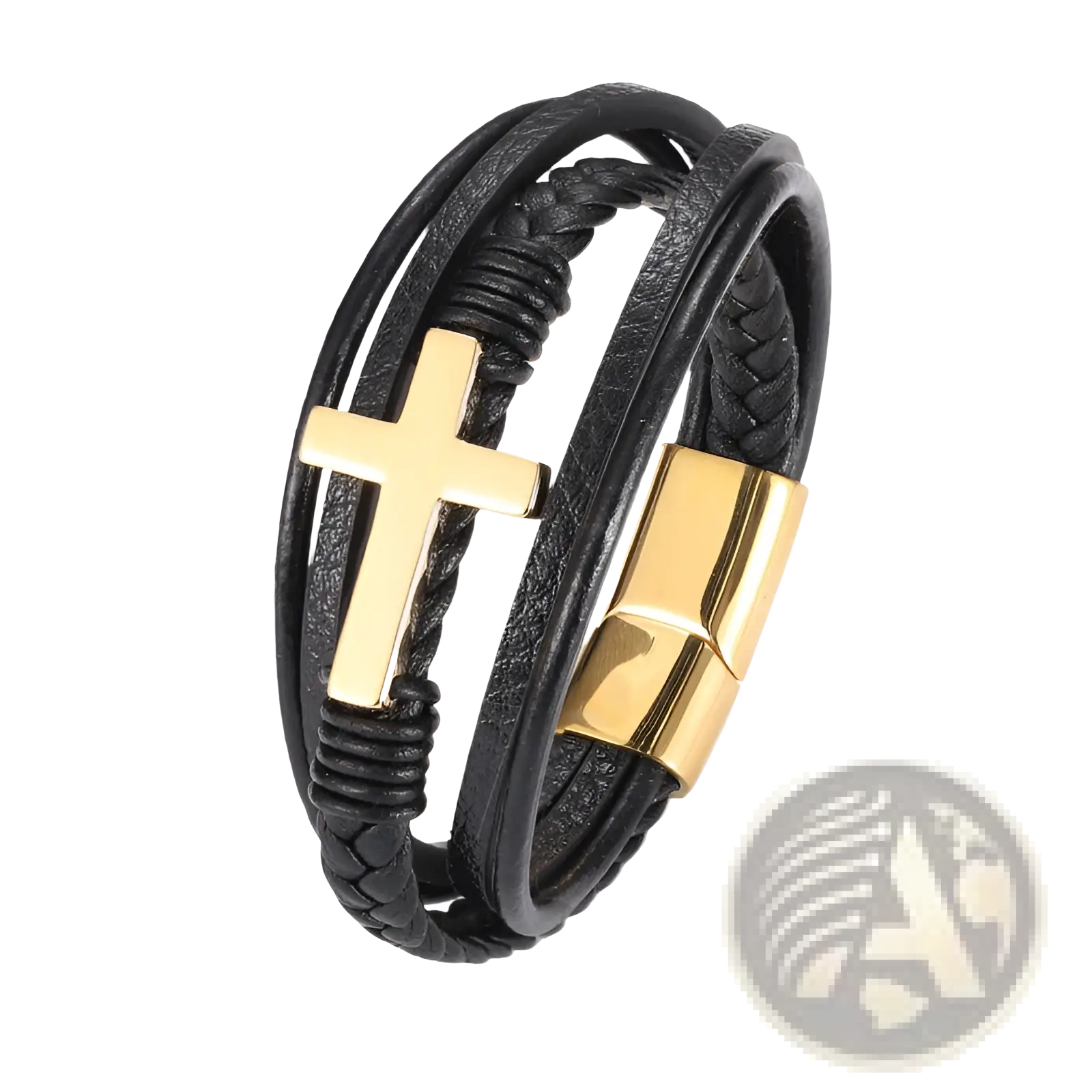 Black leather braided multi-strand cross bracelet with gold-tone cross and magnetic clasp for men’s fashion
