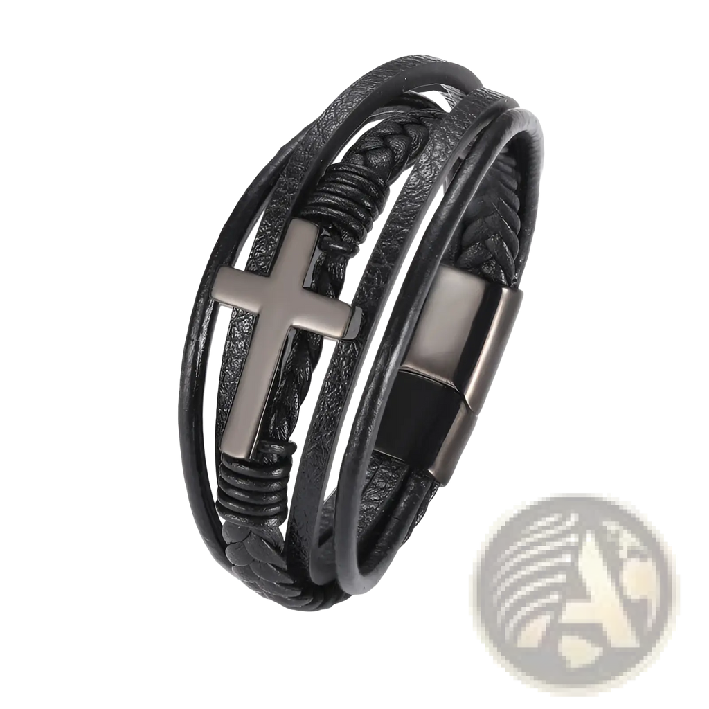 Black leather braided multi-strand cross bracelet with matte finish pendant and magnetic clasp for secure wear