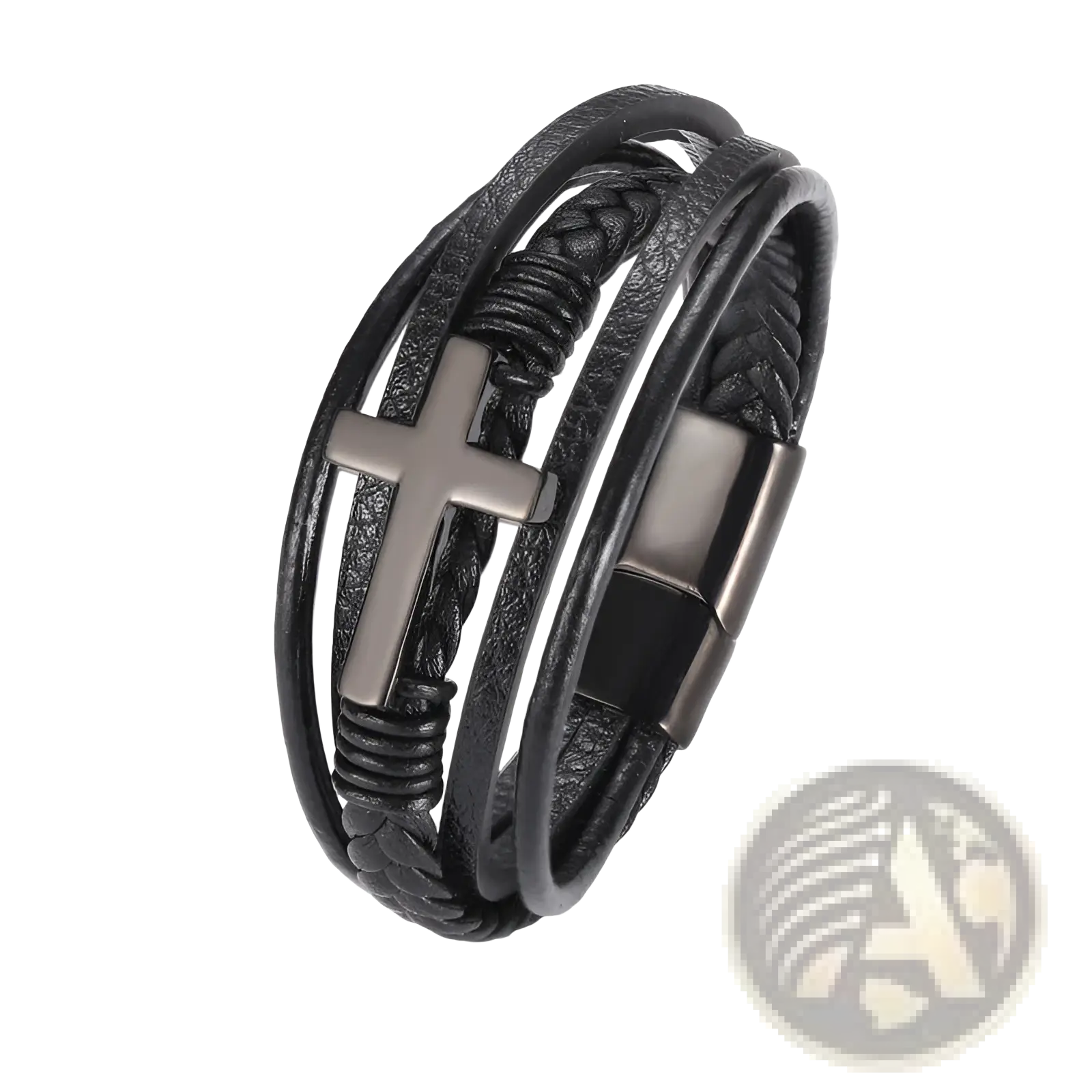 Black leather braided multi-strand cross bracelet with matte finish pendant and magnetic clasp for secure wear