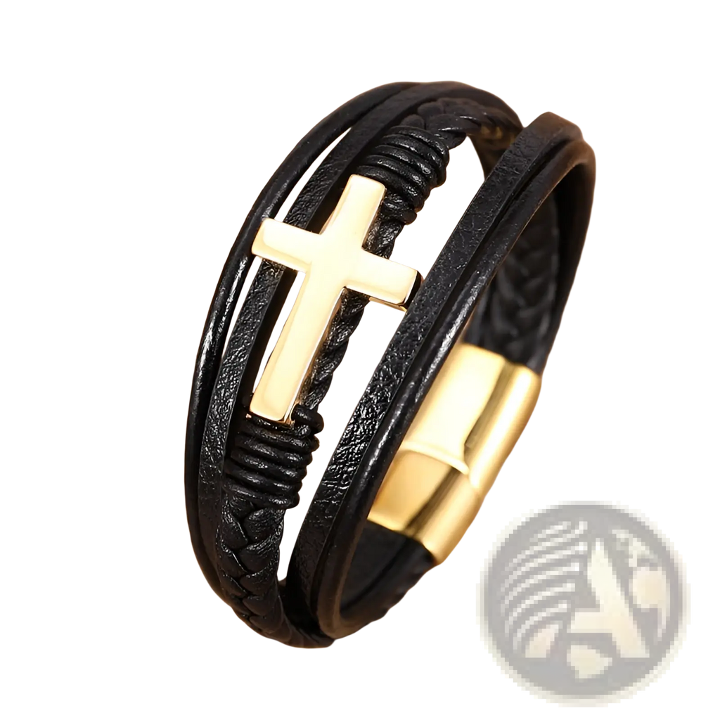 Black braided multi-strand leather cross bracelet with gold-tone charm and magnetic clasp for secure wear