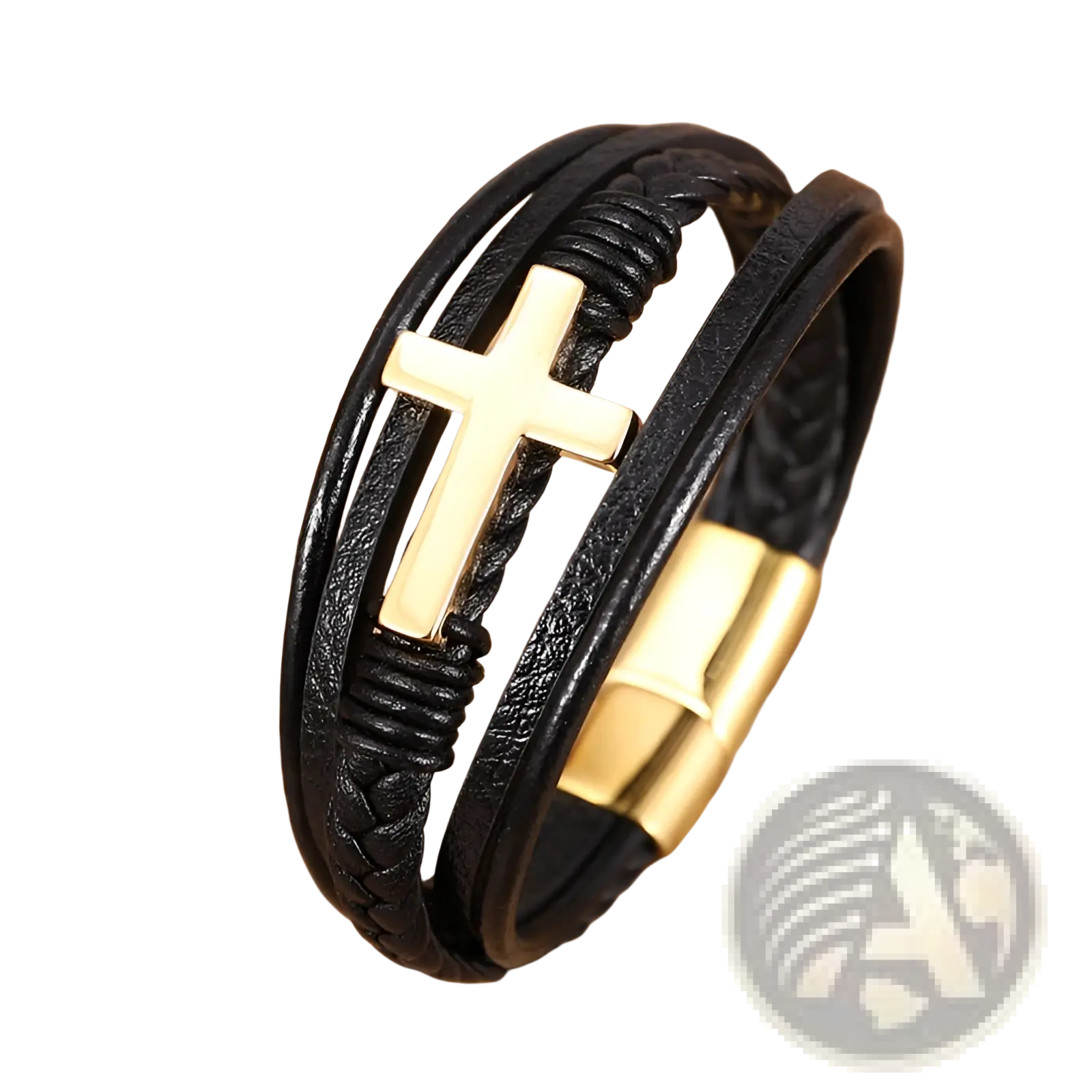 Black braided multi-strand leather cross bracelet with gold-tone charm and magnetic clasp for secure wear
