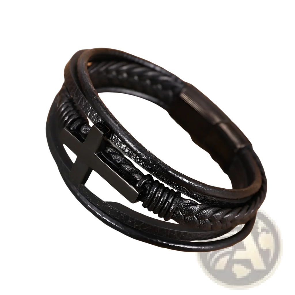 Black leather braided multi-strand cross bracelet with magnetic clasp featuring a central cross accent