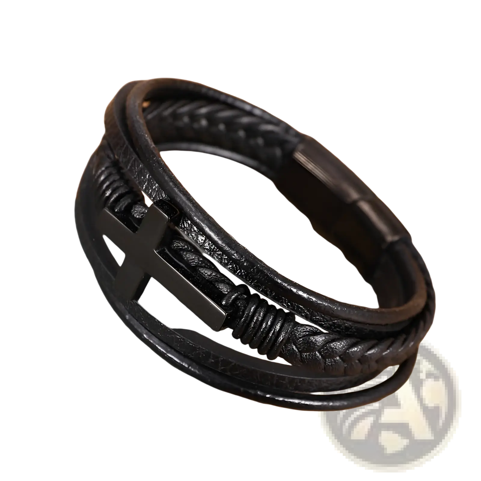 Black leather braided multi-strand cross bracelet with magnetic clasp featuring a central cross accent