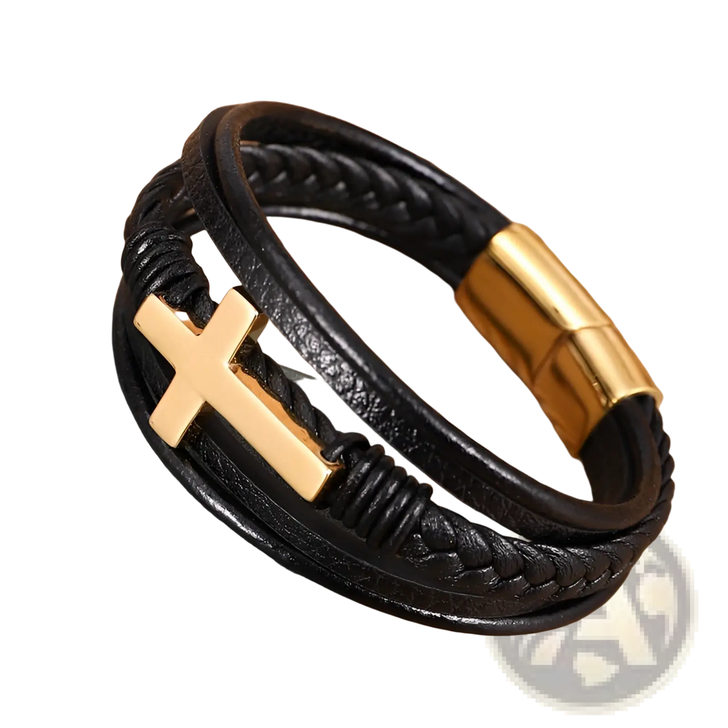 Black braided multi-strand leather cross bracelet with gold-tone pendant and magnetic clasp for secure wear