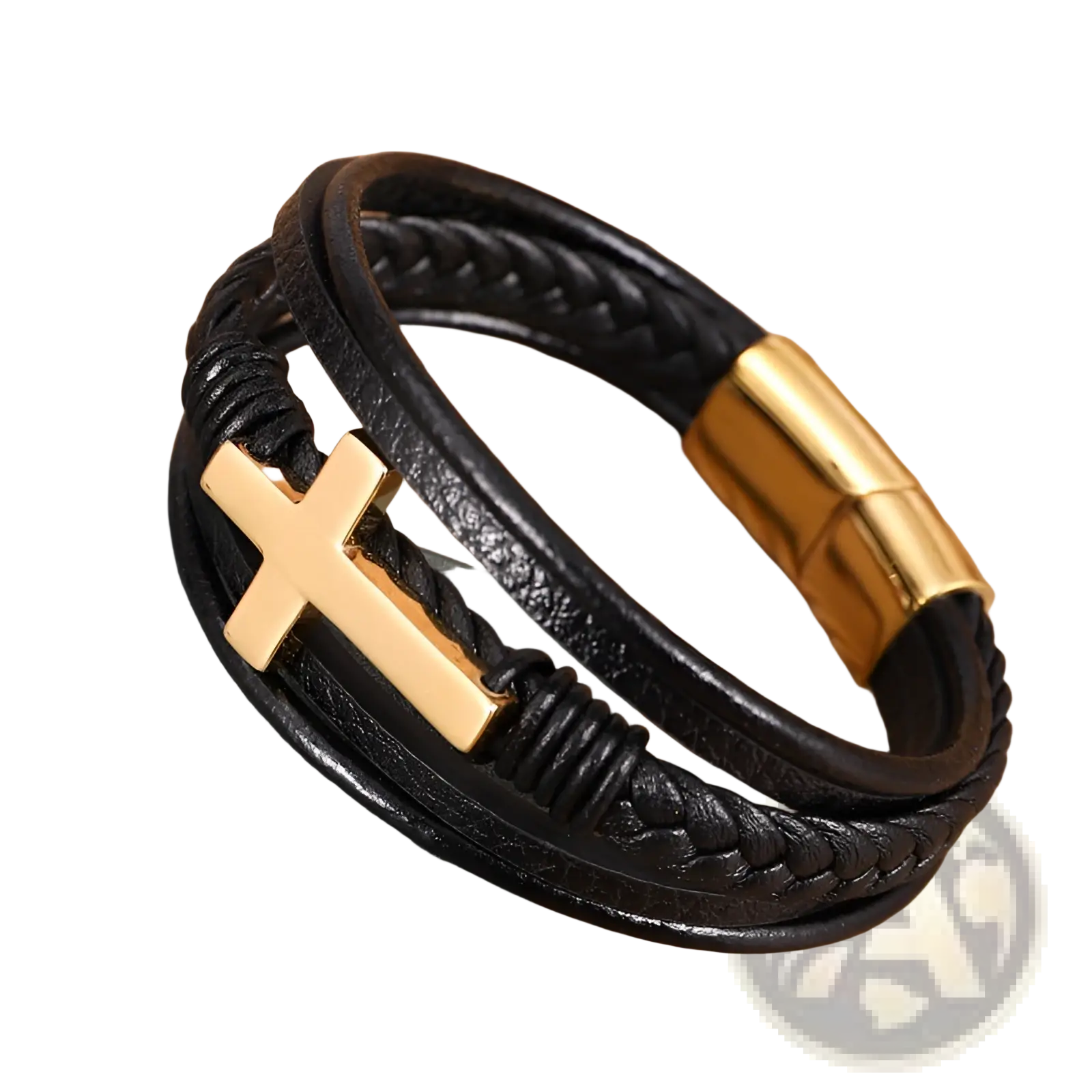Black braided multi-strand leather cross bracelet with gold-tone pendant and magnetic clasp for secure wear