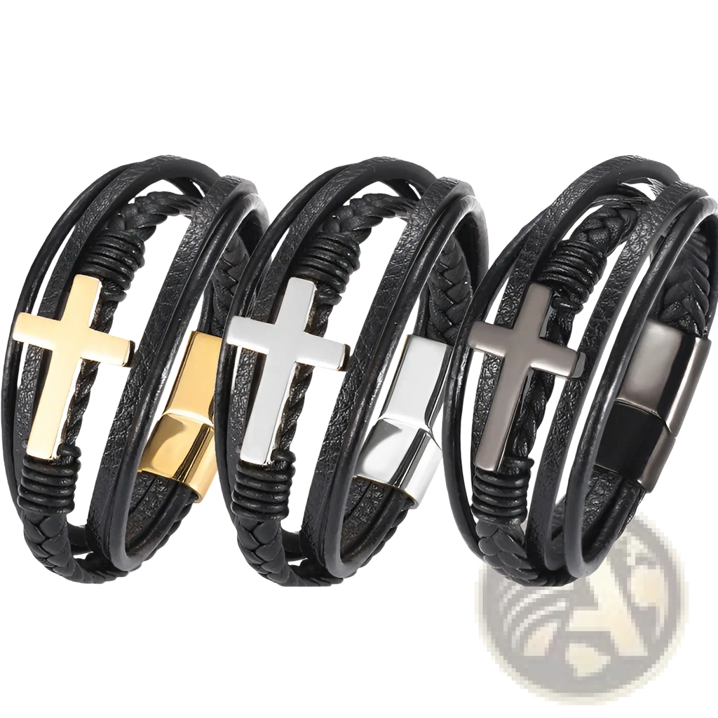 Three black braided leather wrap bracelets with gold silver and gunmetal cross pendants and magnetic clasps