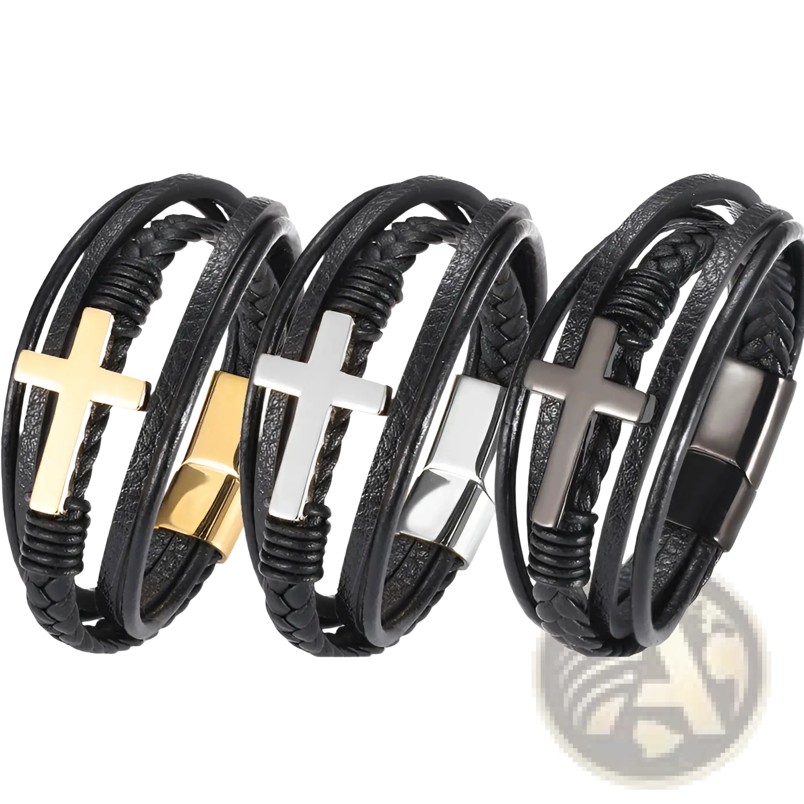 Three black braided leather wrap bracelets with gold silver and gunmetal cross pendants and magnetic clasps