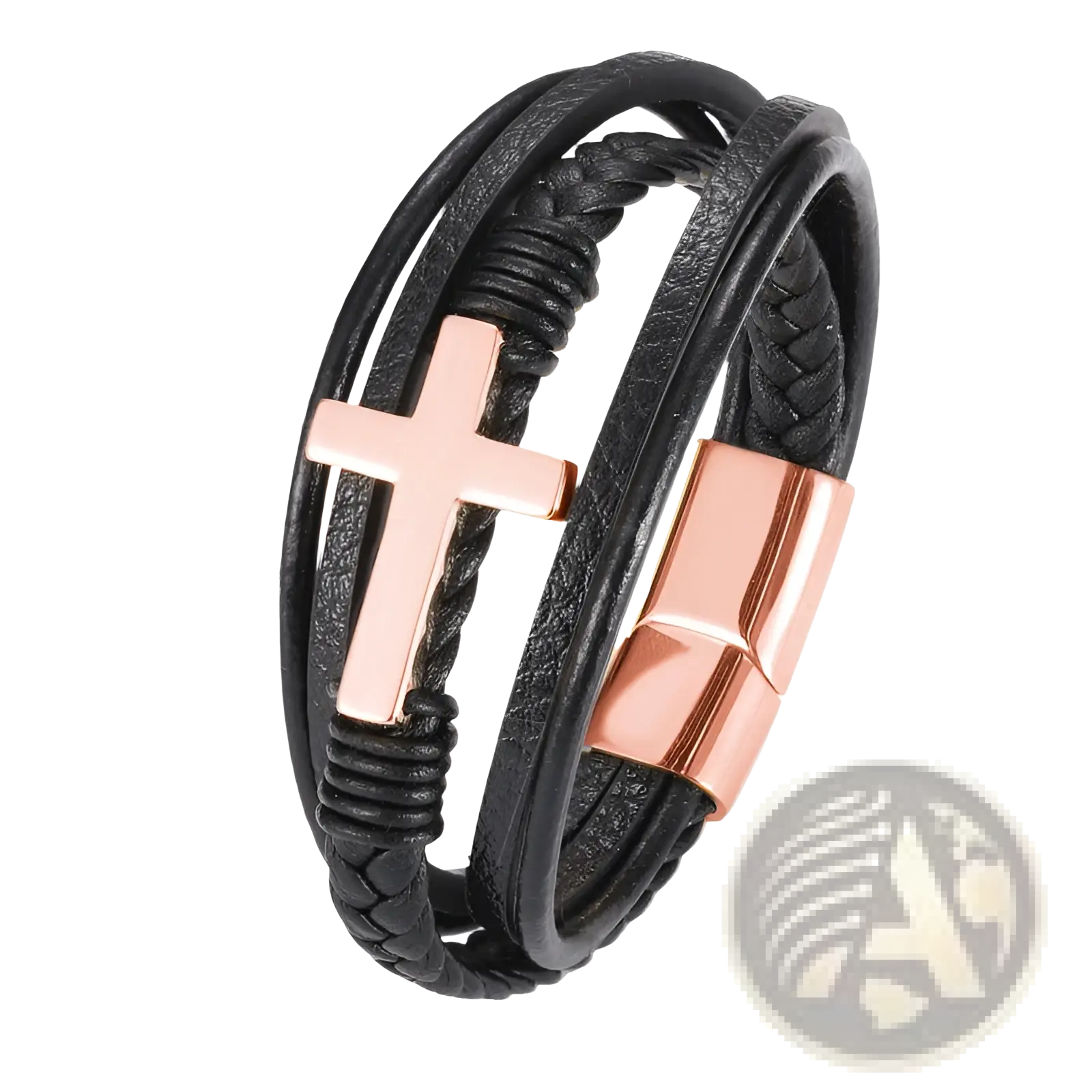 Braided multi-strand black leather bracelet with rose gold cross and magnetic clasp for secure wear