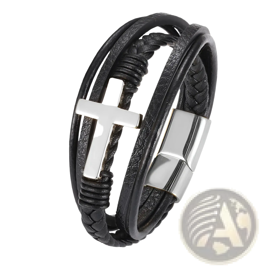 Black leather braided multi-strand cross bracelet with silver cross and magnetic clasp for secure wear