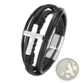 Black leather braided multi-strand cross bracelet with silver cross and magnetic clasp for secure wear
