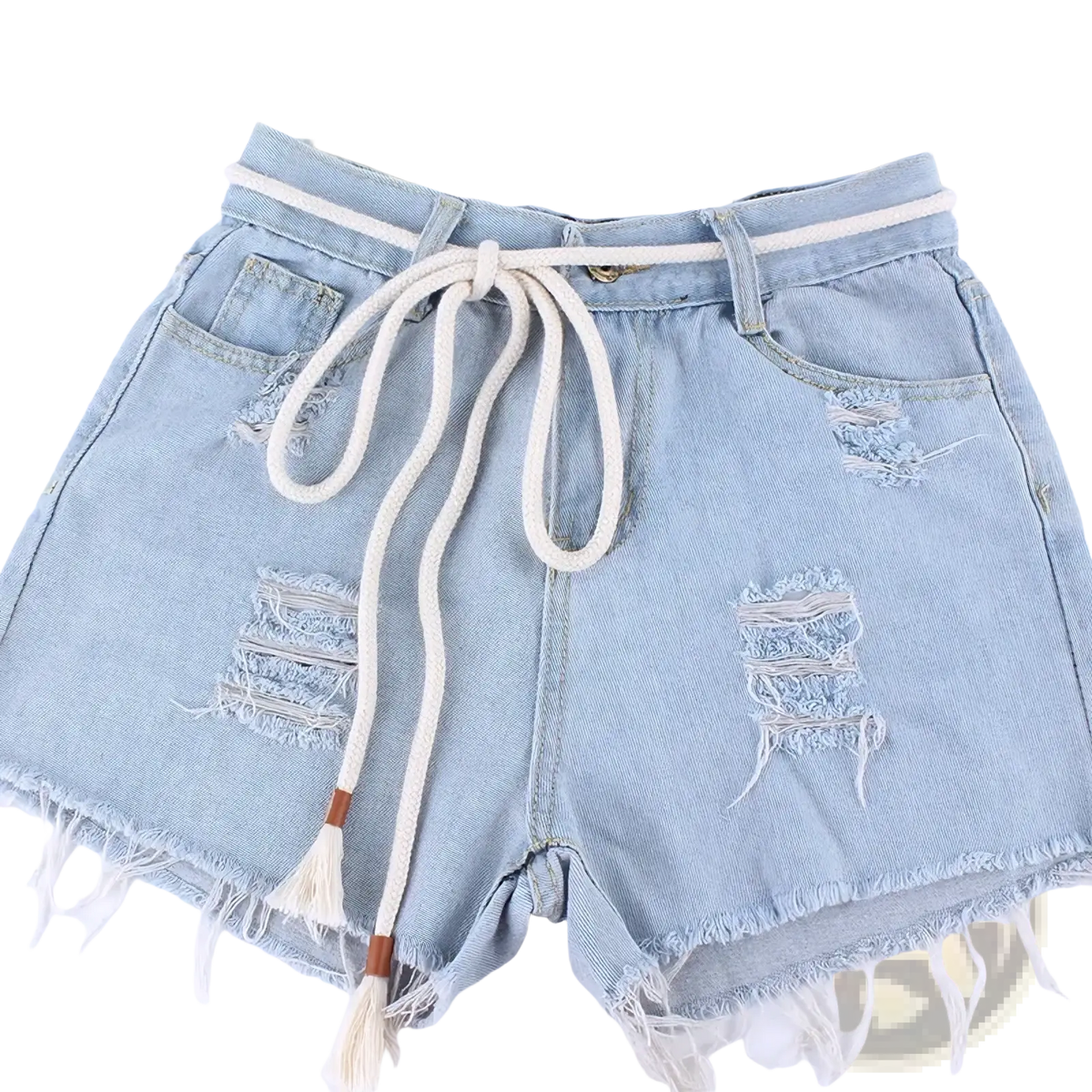 Light-wash denim shorts with distressed frayed patches and cream-colored braided rope belt tied in a bow waistband accessory