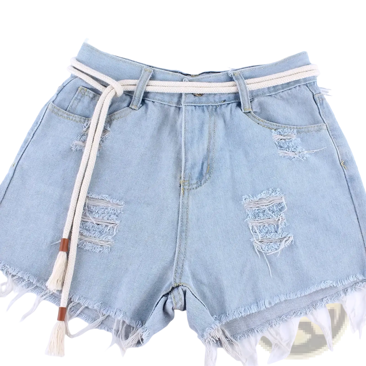 Light-wash denim shorts with distressed frayed details and a matching beige braided rope belt for dress accessory
