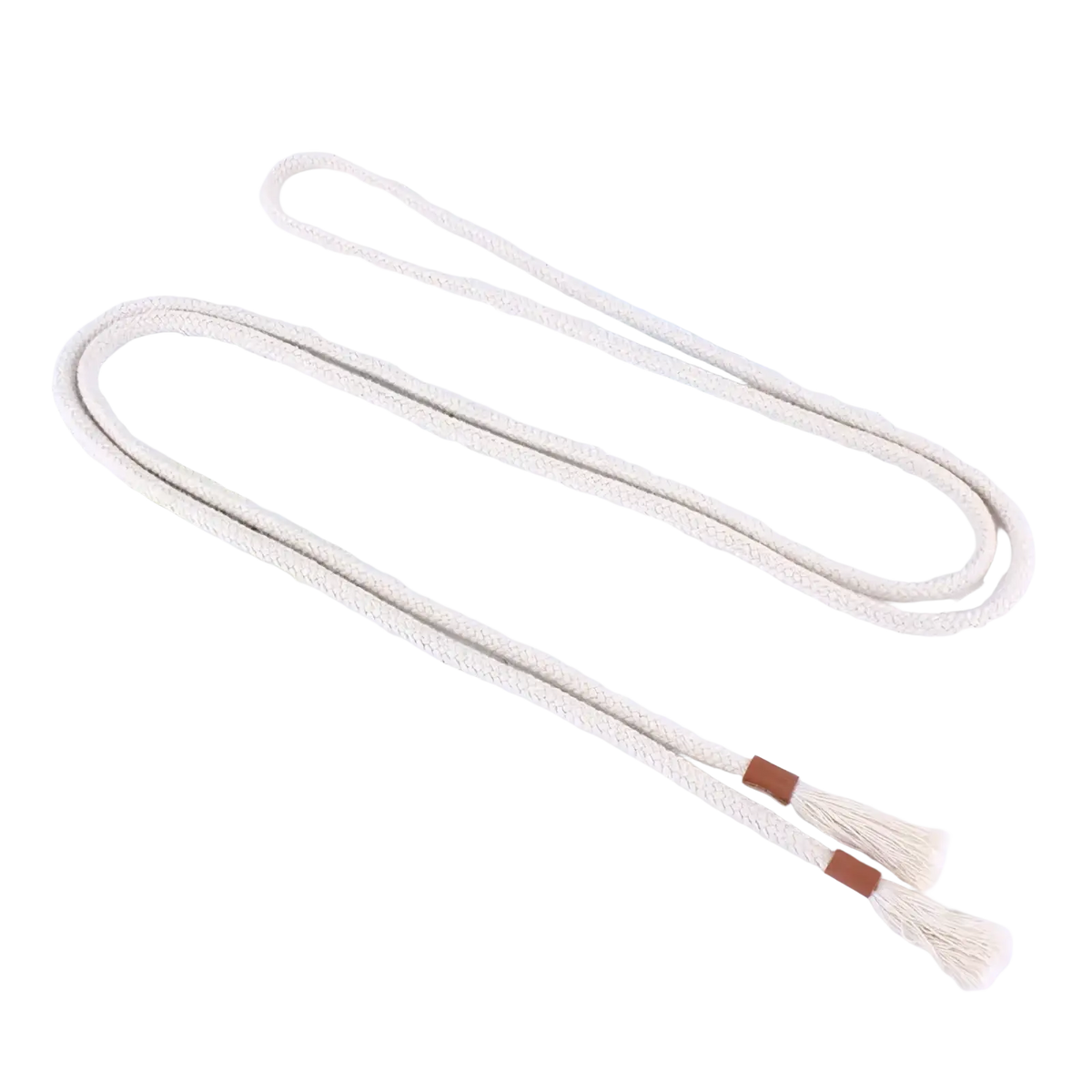 Cream-colored macrame braided rope belt with tassels and brown leather accents for women waistbands and dresses