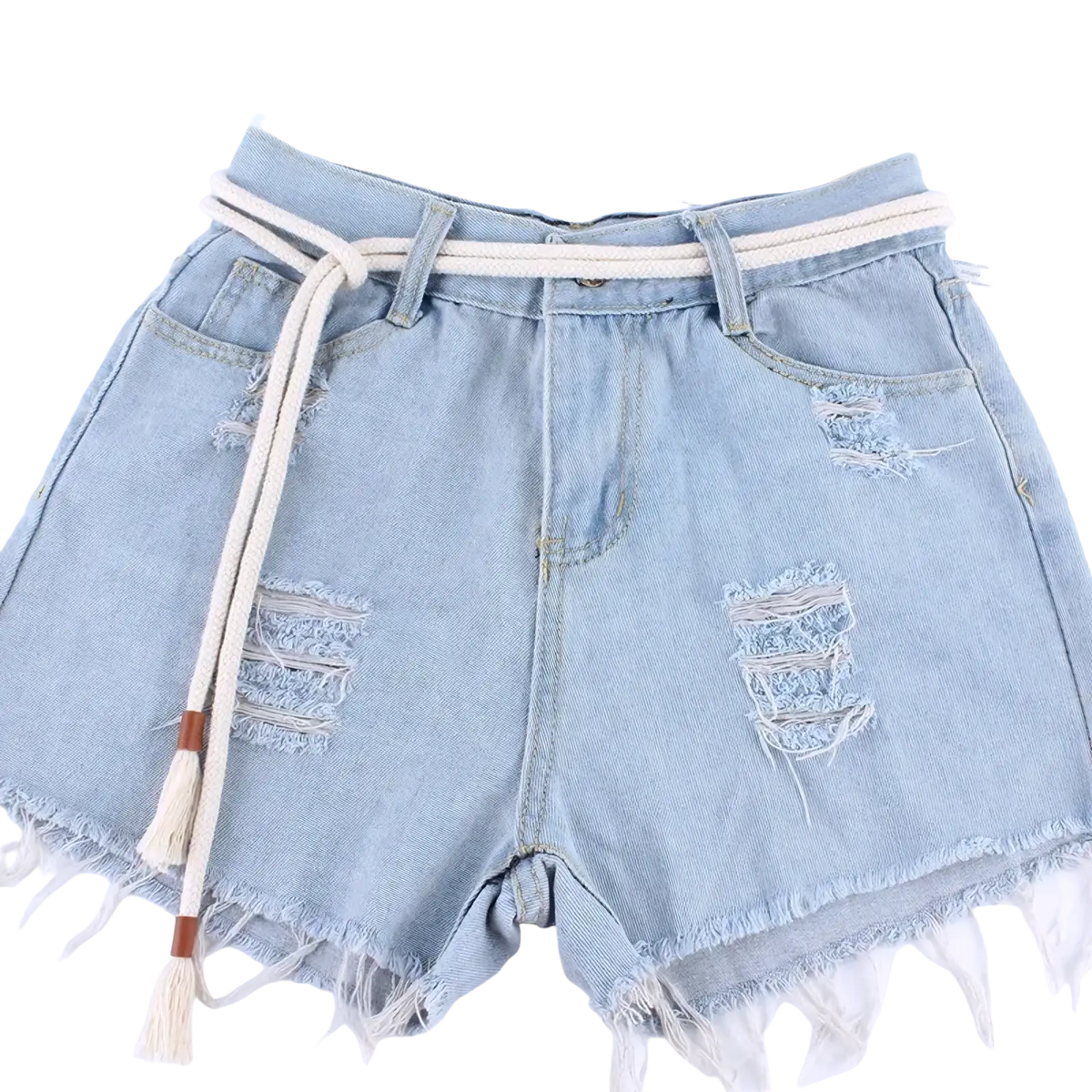 Light-wash denim shorts with distressed frayed details and a matching beige braided rope belt for dress accessory