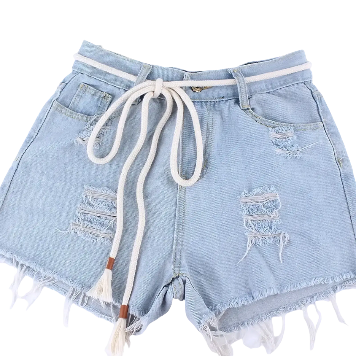 Light-wash denim shorts with distressed rips and frayed hems featuring a white drawstring waistband with braided rope belt accessory
