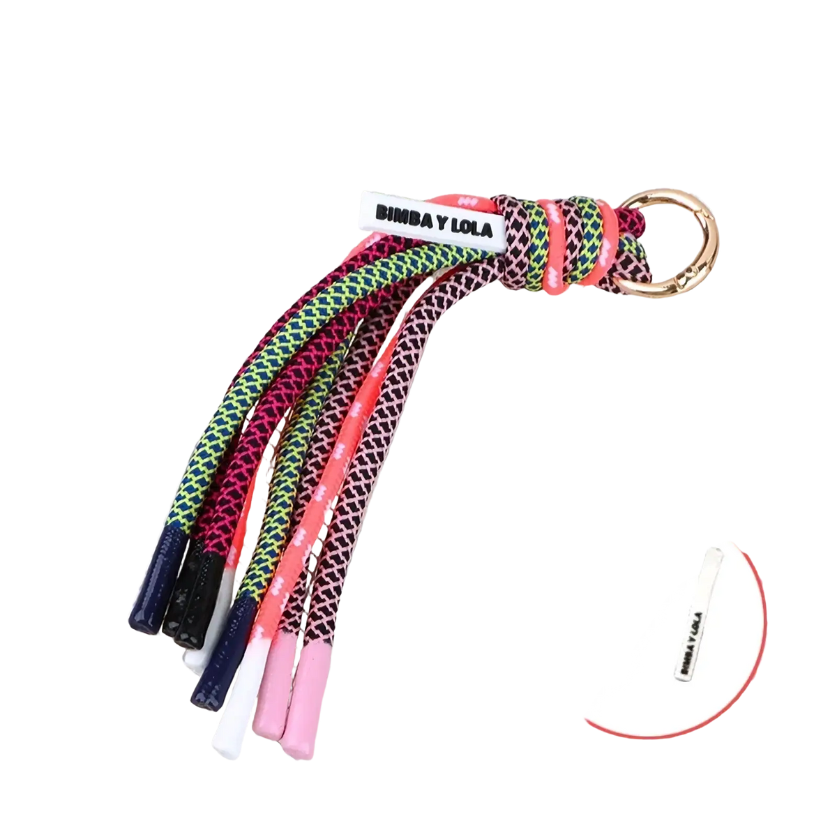 Bimba y lola braided tassel keychain bag charm with colorful neon green pink and black patterned braided cords