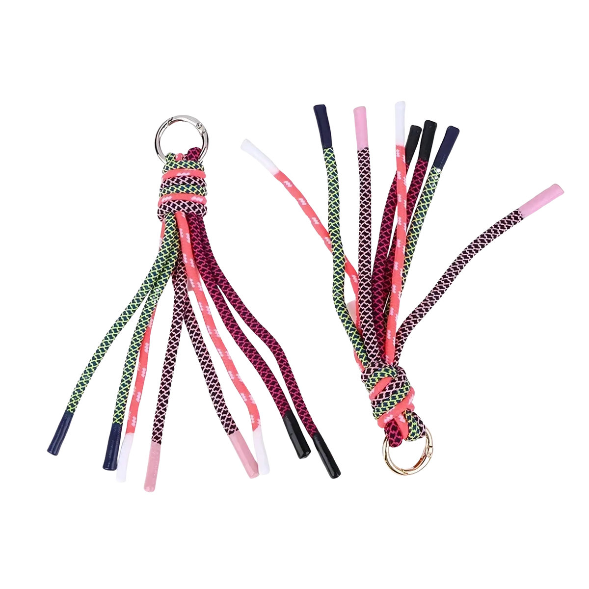 Colorful braided tassel keychain bag charm with multicolored rope ends and a metal ring for keys or bags