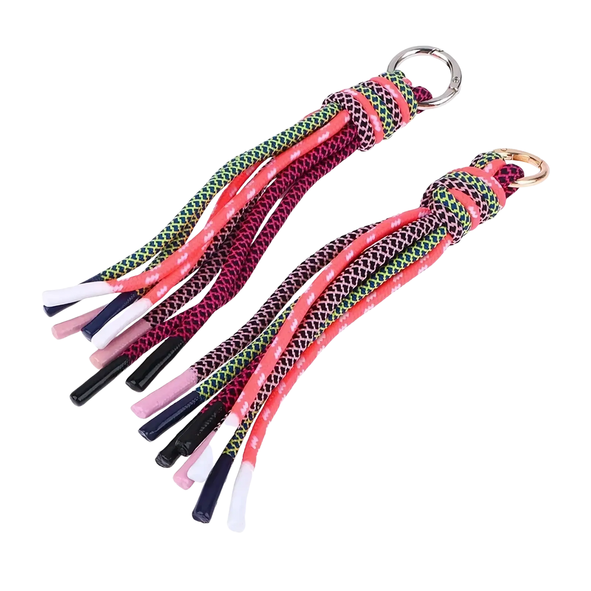 Braided tassel keychain bag charm featuring colorful multicolored braided rope strands and metallic rings
