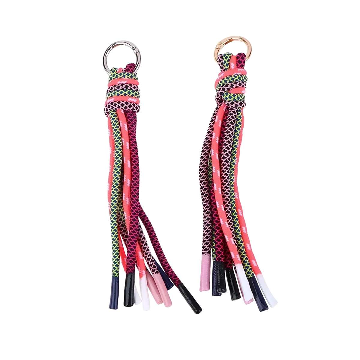 Braided tassel keychain bag charm featuring colorful braided rope with multicolored tips and a metallic ring