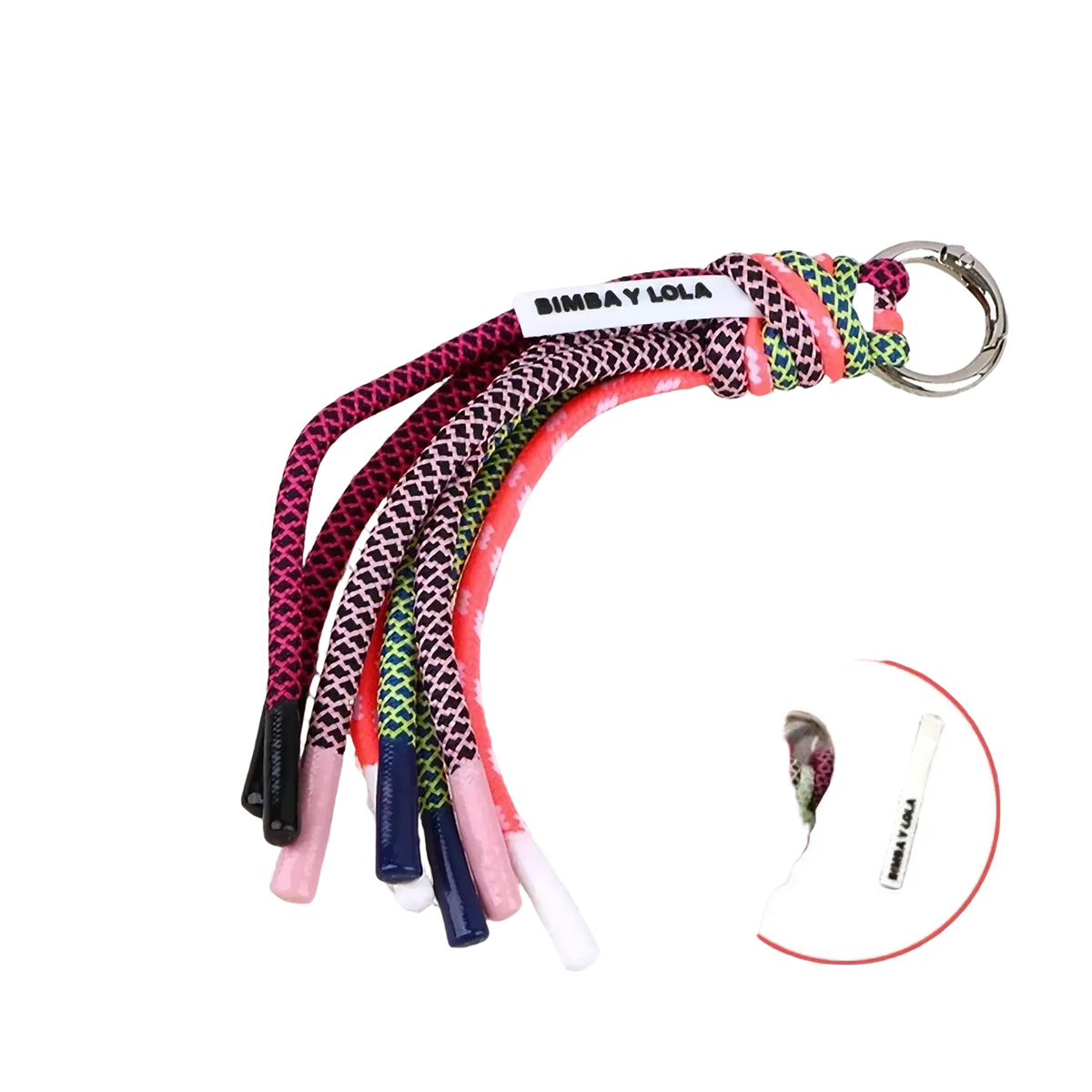 Braided tassel keychain bag charm with colorful pink green black and orange braided rope and silver metal ring