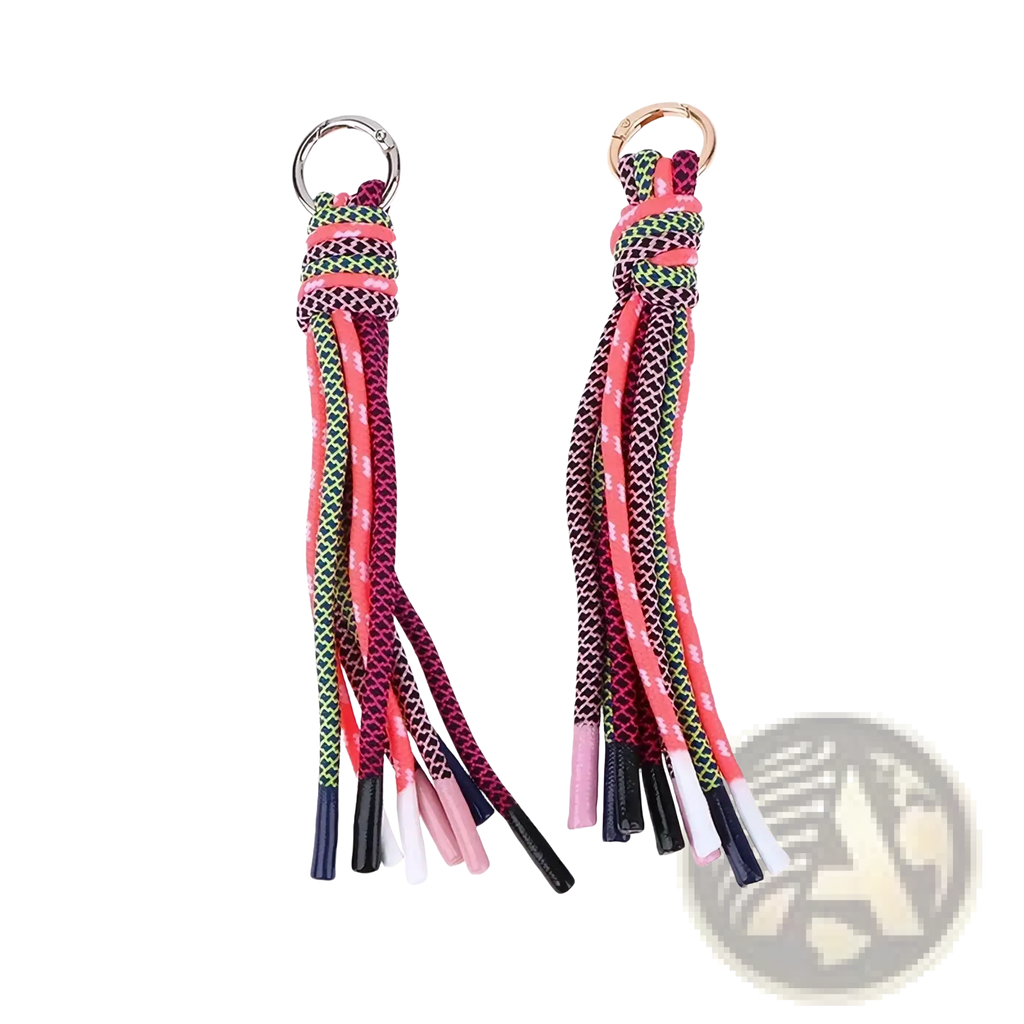 Braided tassel keychain bag charm featuring colorful braided rope with multicolored tips and a metallic ring