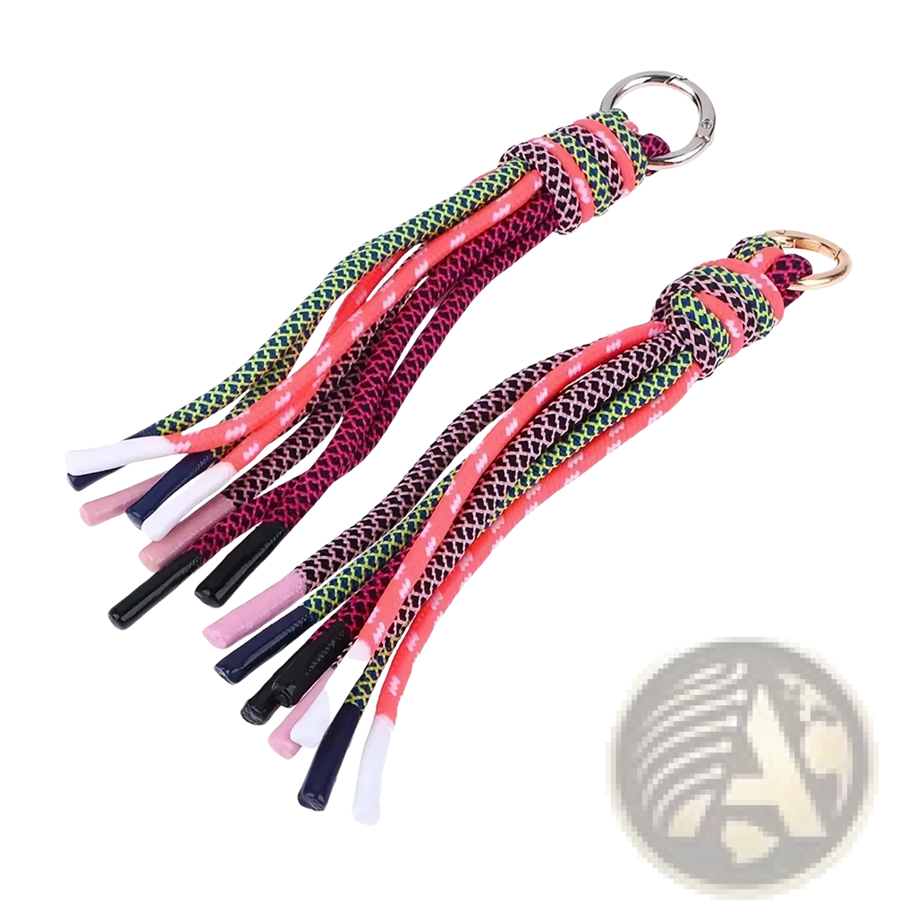 Braided tassel keychain bag charm featuring colorful multicolored braided rope strands and metallic rings