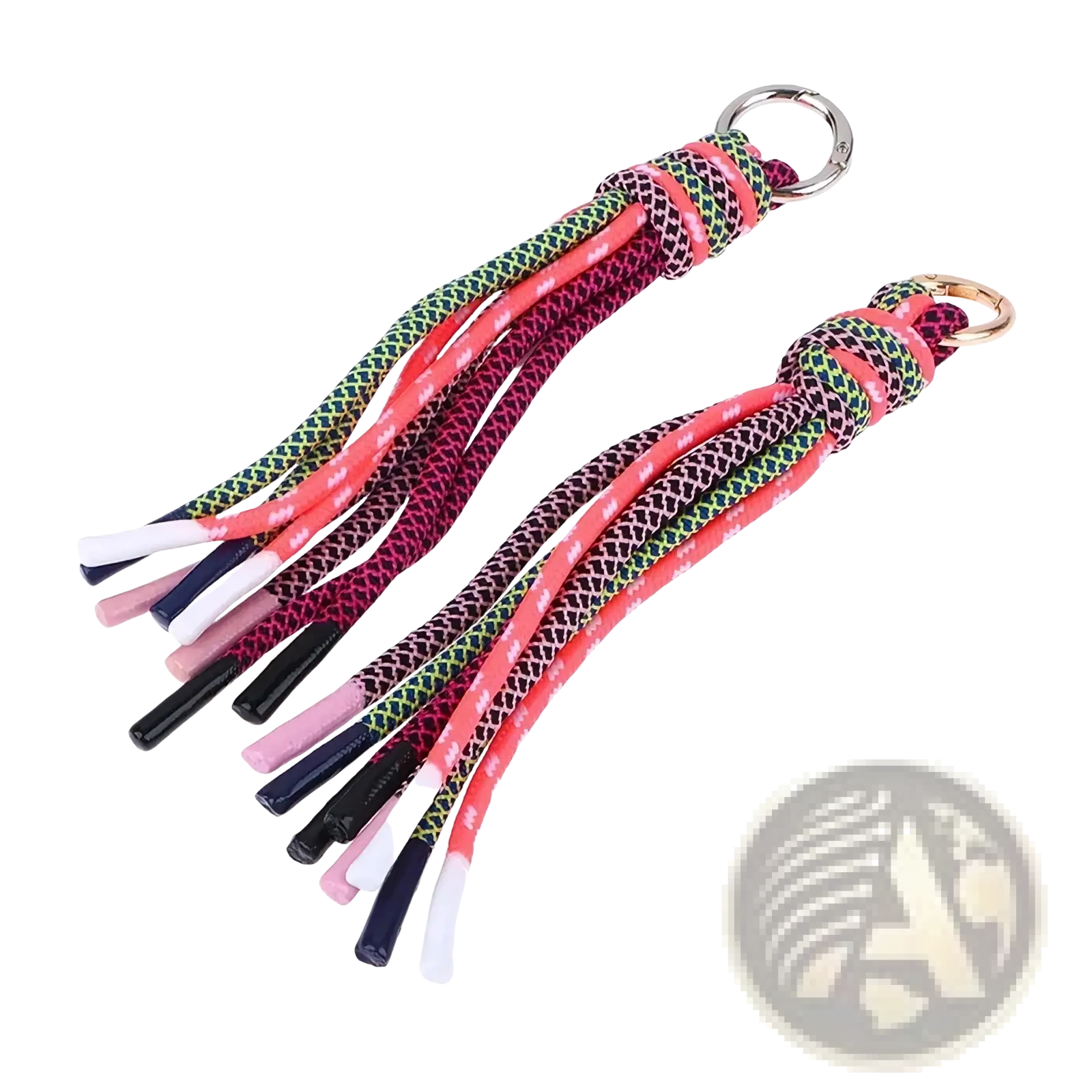 Braided tassel keychain bag charm featuring colorful multicolored braided rope strands and metallic rings